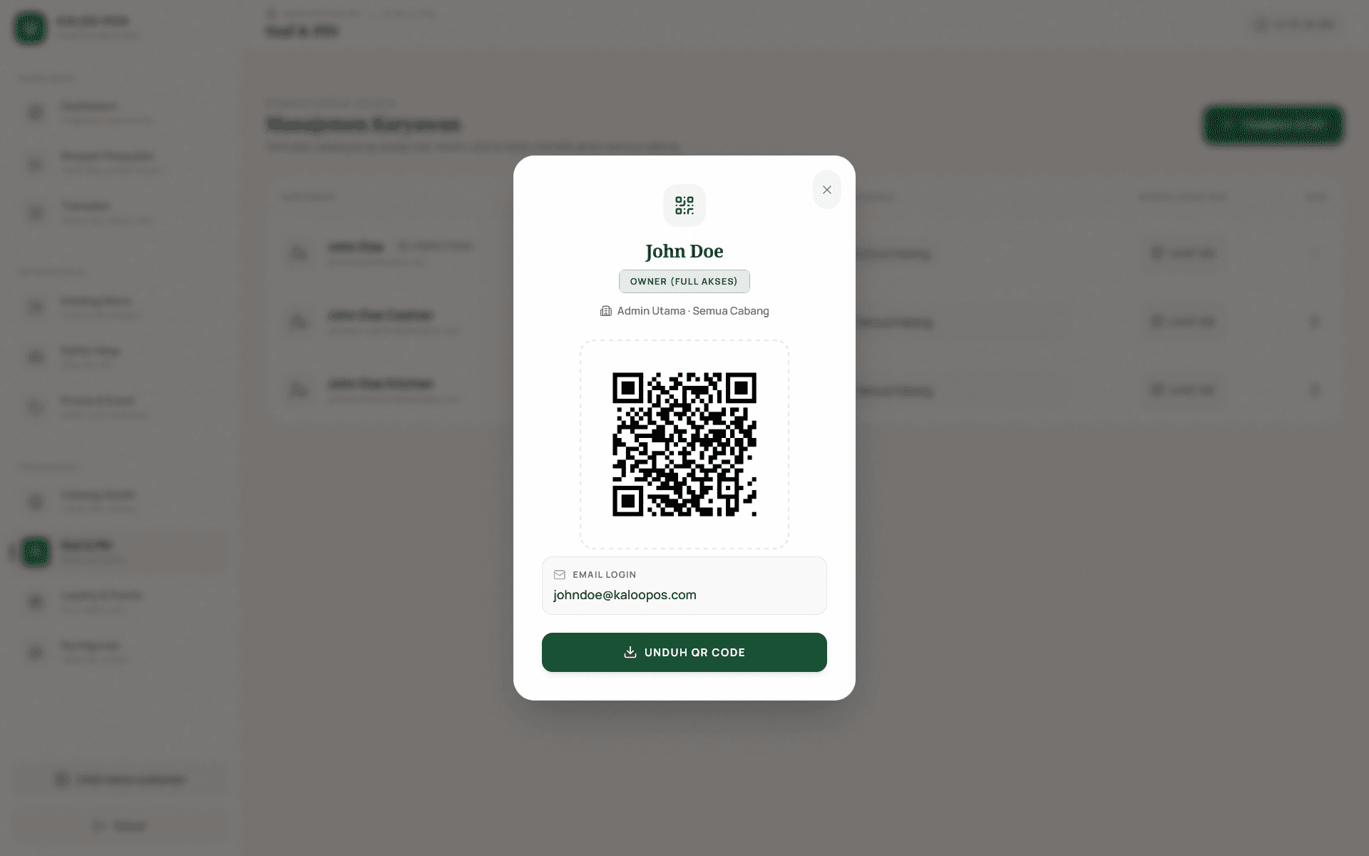 Tampilan Modal QR Code Staf